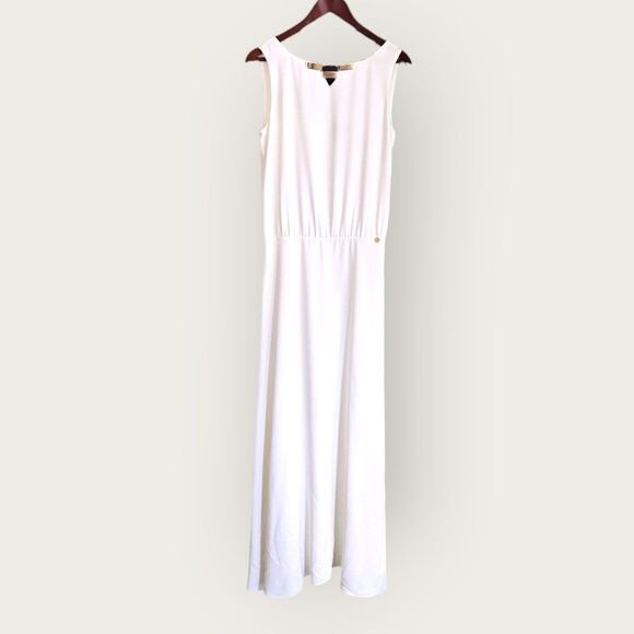 4G Gizia Grecian Style Floor Length Gold Embellished Ivory Evening Gown Dress 6 - Picture 1 of 8